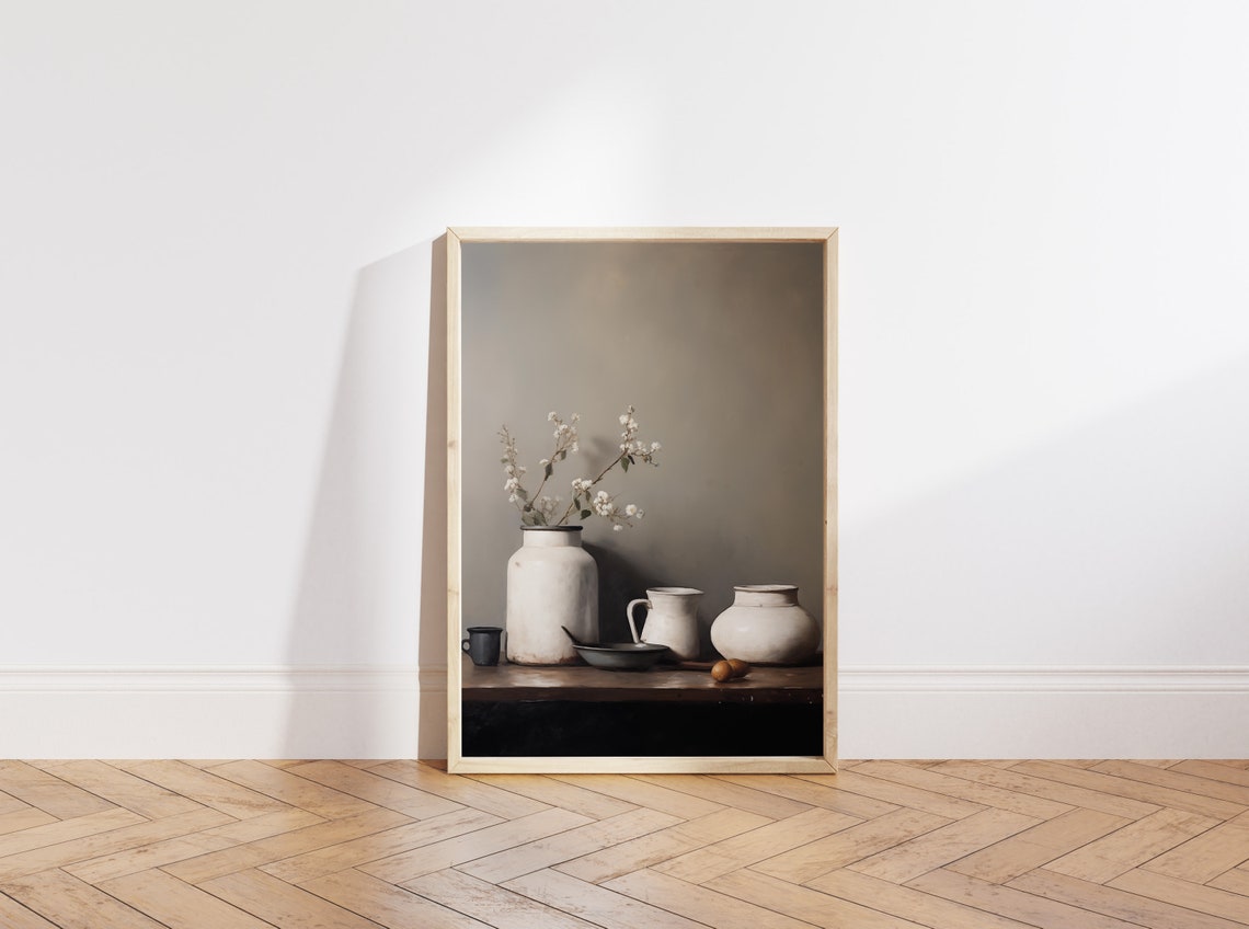White Ceramic Vessels Still Life with Blossom Branches Moody Poster - Image 5