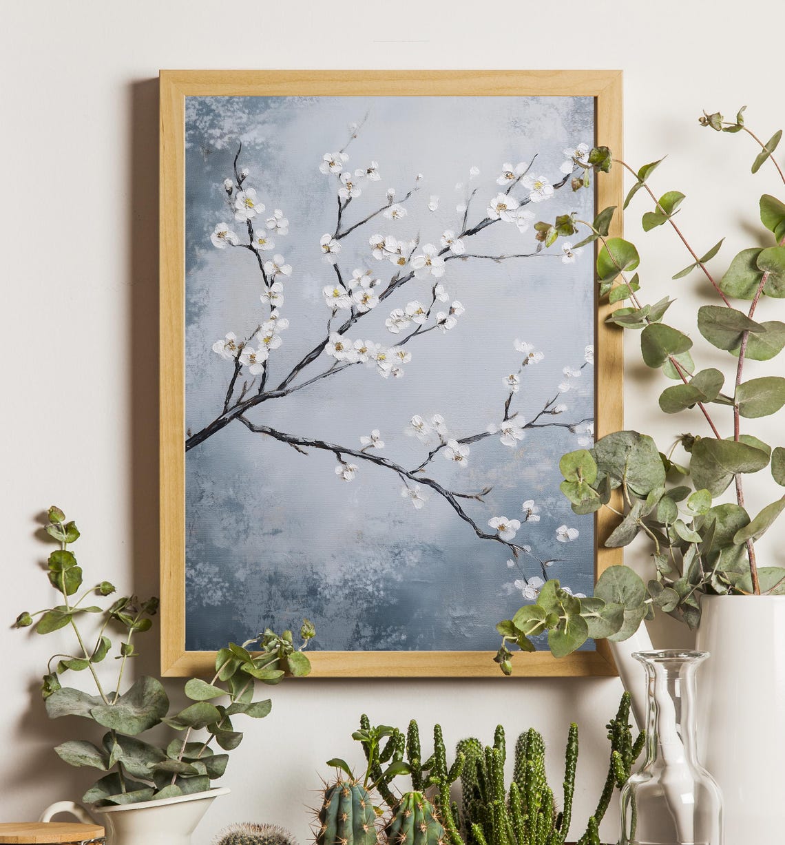 White Cherry Blossom Branches Blue Gray Japandi Home Decor Poster - Image 4