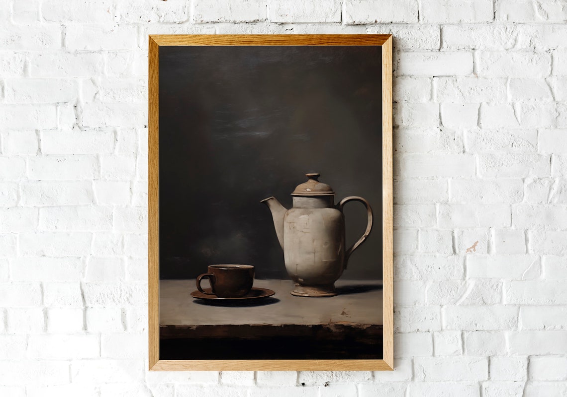 Antique Coffee Pot and Cup with Saucer Moody Rustic Kitchen Wall Art - Image 2