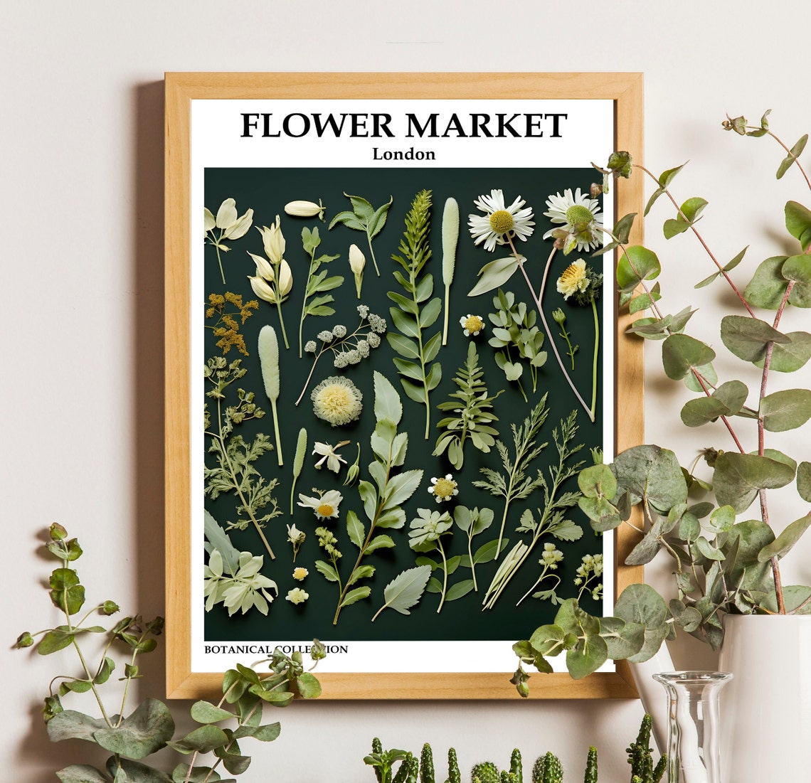 London Flower Market Botanical Green Pressed Floral Art Poster