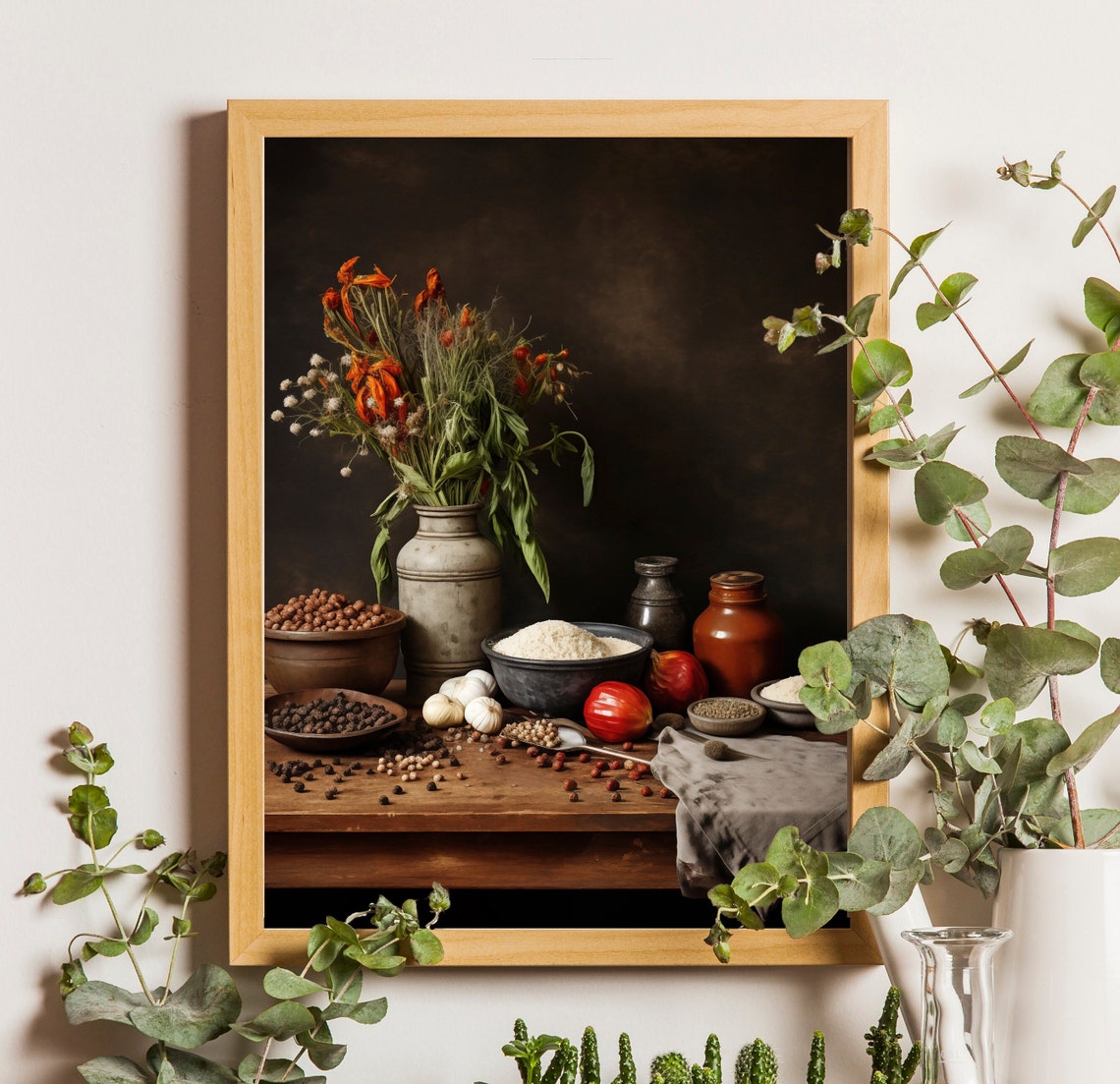 Kitchen Spices Still Life Painting Dark Rustic Herbs Pantry Art Poster