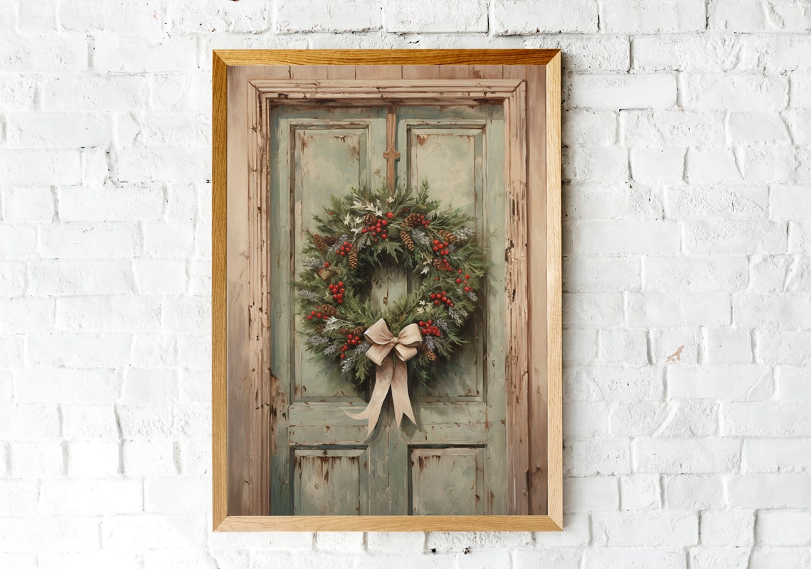 Christmas Wreath with Red Berries on Rustic Sage Green Door Poster - Image 2