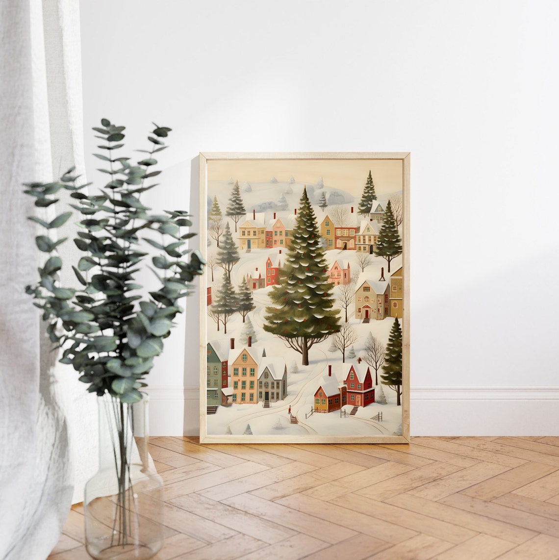 Folk Art Snowy Village with Giant Christmas Tree at Its Center Poster - Image 4