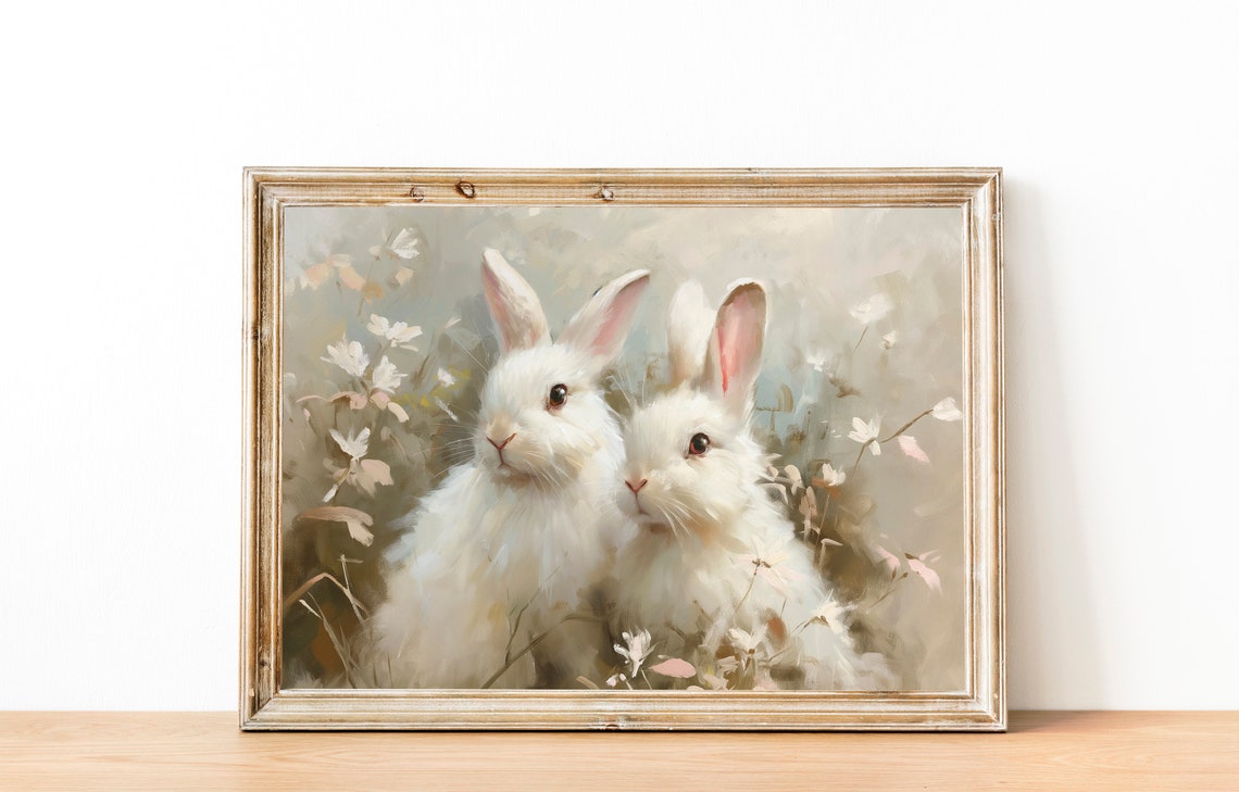 Two White Bunnies in Wildflowers Soft Spring Nursery Wall Art - Image 2