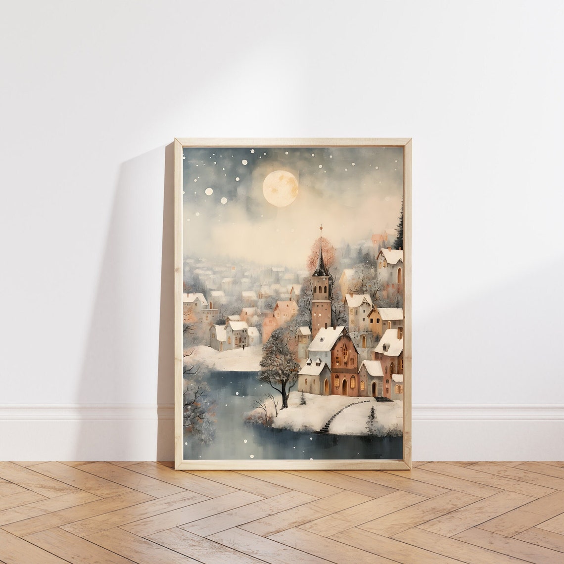 Snowy Christmas Wall Art Town Christmas Village Art Print Cozy Winter Night Landscape Painting Holiday Decor Vintage Moody Nursery Wall Art - Image 6