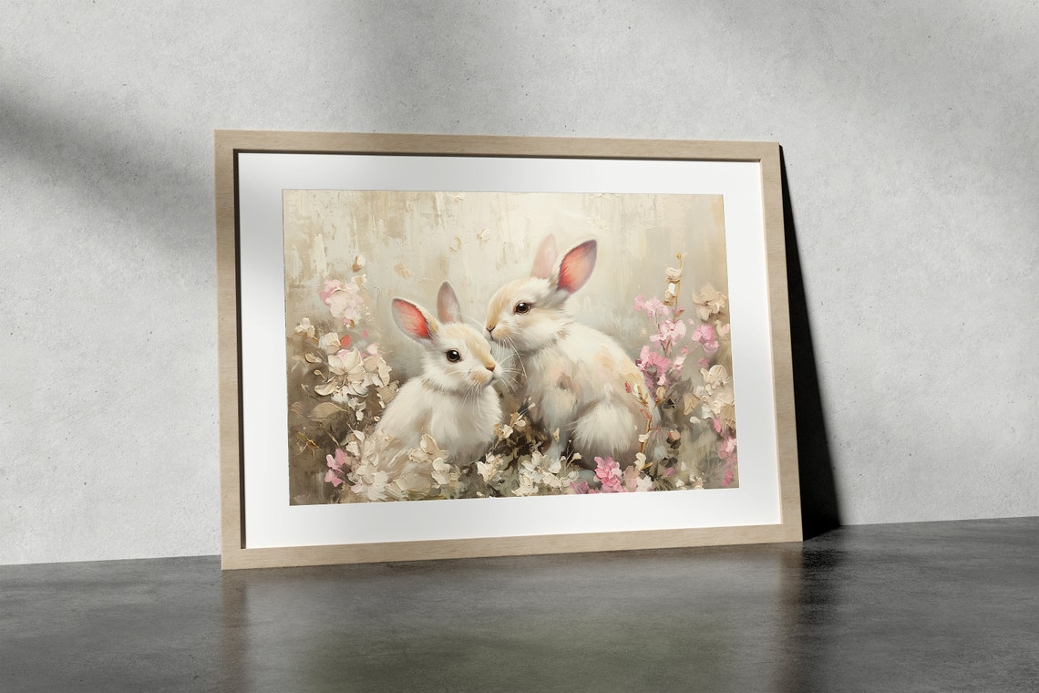 Two White Bunnies Among Pink Blossoms Spring Nursery Wall Art - Image 3