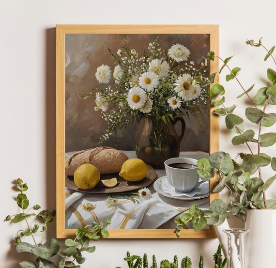 Vintage Neutral Lemons and Daisies Farmhouse Art Print