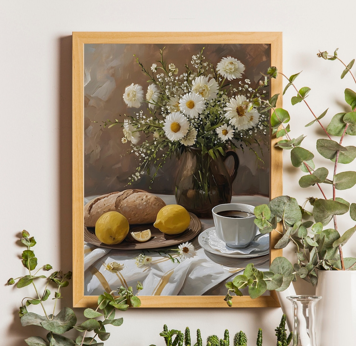 Vintage Neutral Lemons and Daisies Farmhouse Art Print