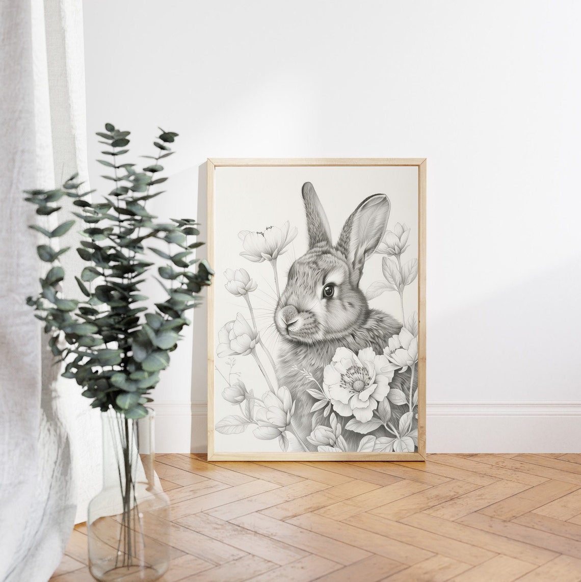 Pencil Sketch Rabbit with Flowers Neutral Monochrome Nursery Wall Art - Image 2