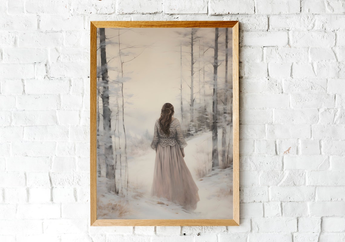 Woman Walking Through The Misty Snowy Winter Forest Art Poster - Image 2