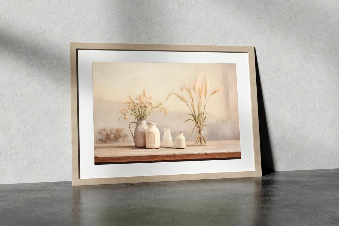 White Ceramic Pitchers with Dried Grass Neutral Kitchen Wall Art - Image 3