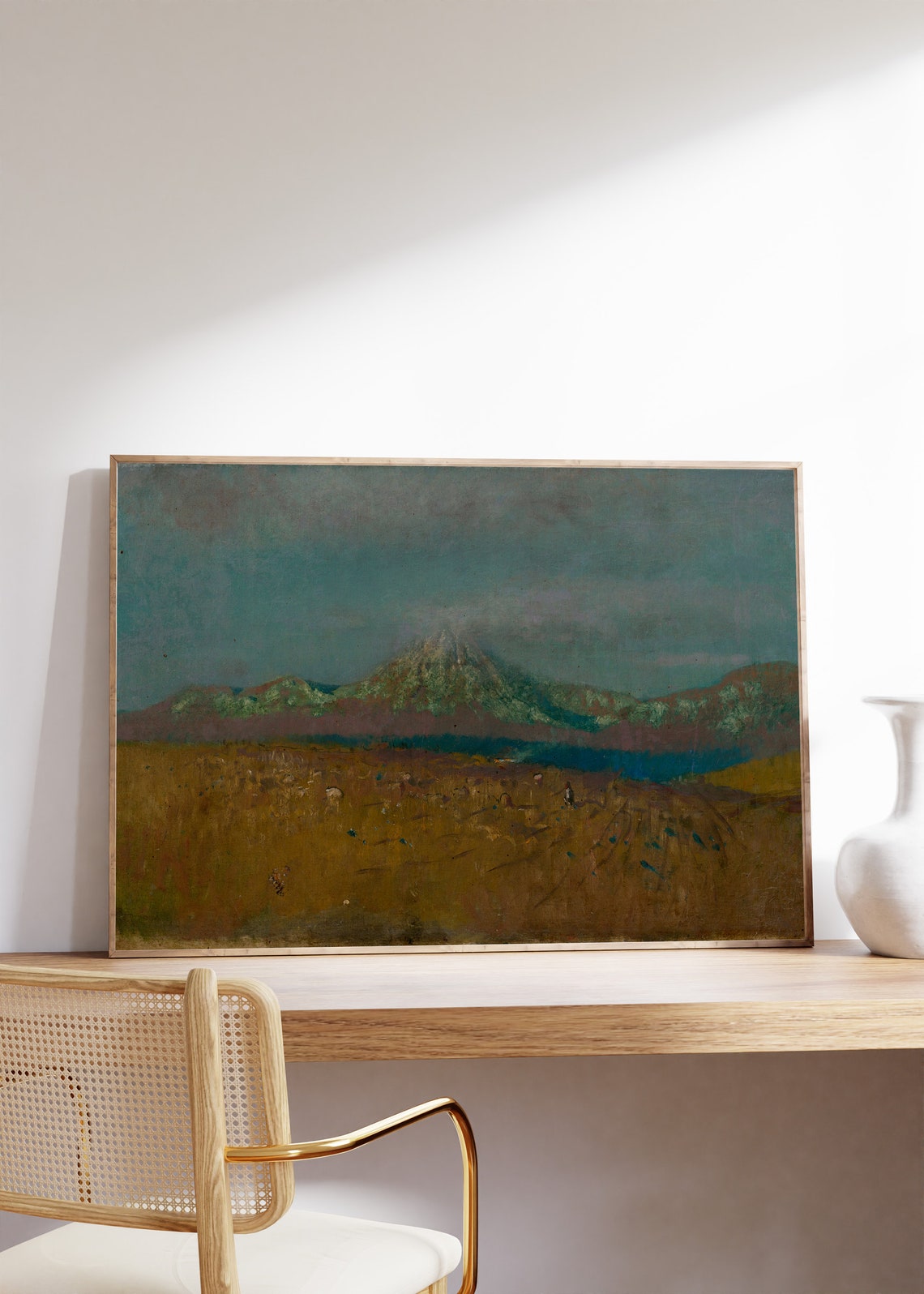 Muted Dark Mountain Over Golden Field Antique Tonal Painting Poster - Image 4