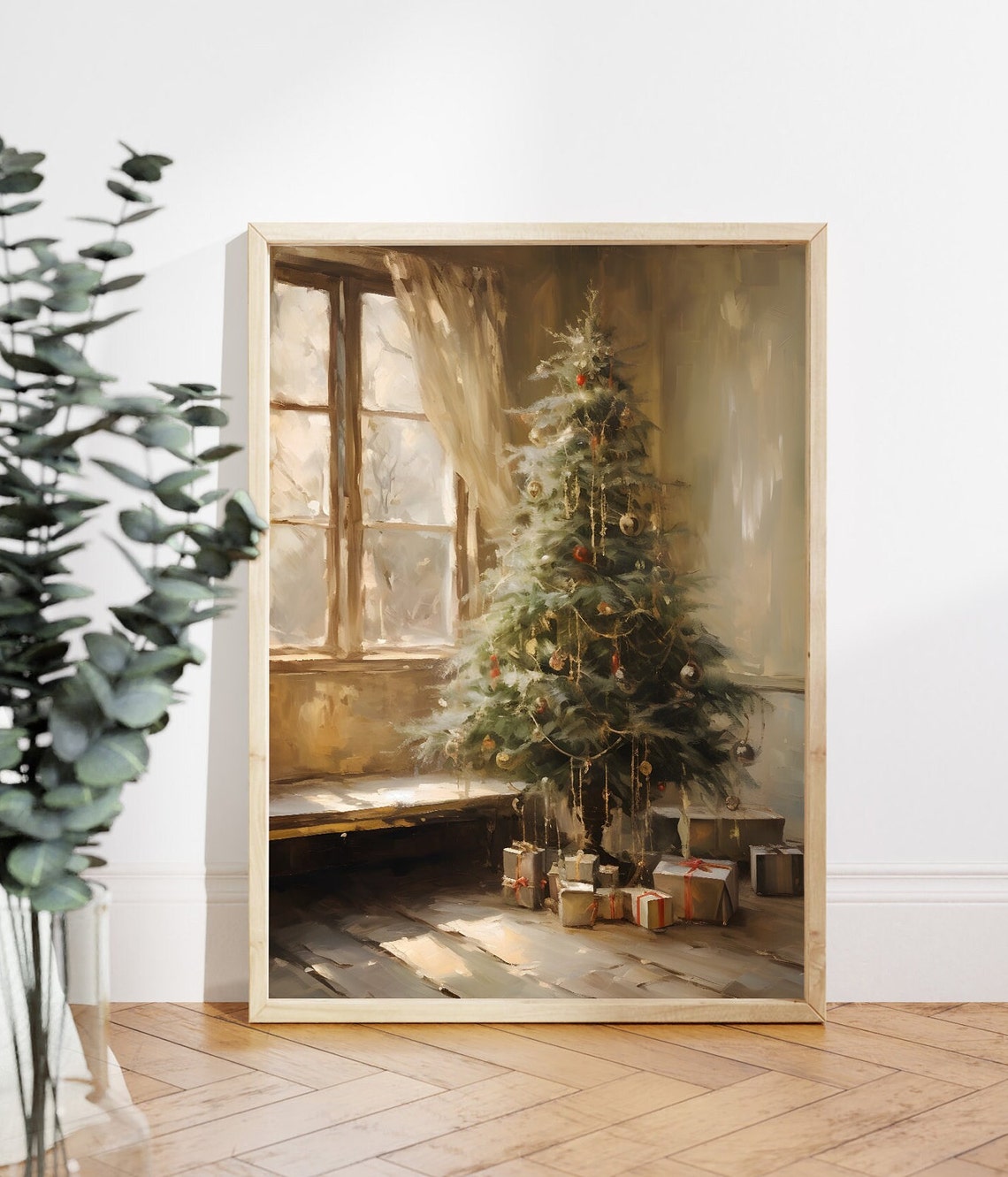 Sunlit Christmas Tree by Window with Sheer Curtain Oil Painting Poster - Image 4