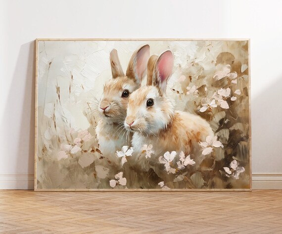 Two Tan Rabbits in White Wildflowers in a Spring Meadow Wall Art