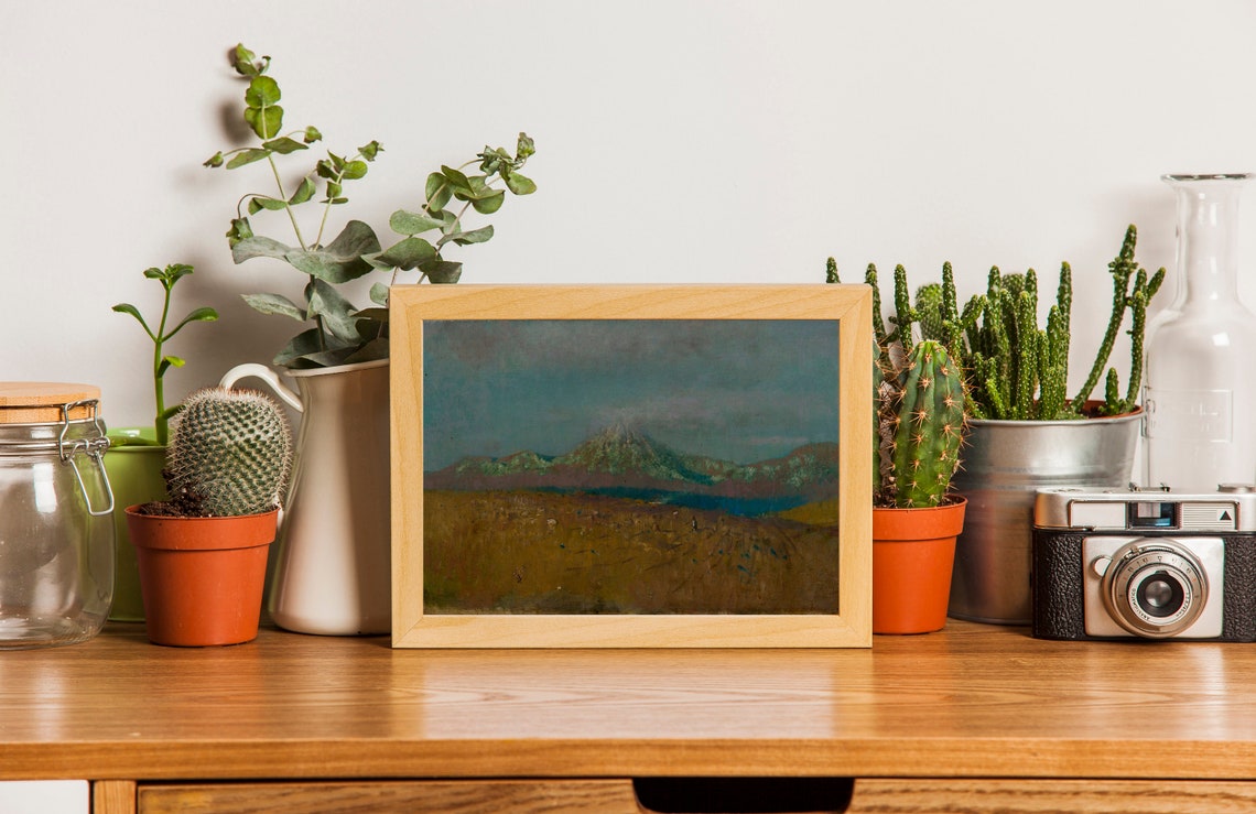 Muted Dark Mountain Over Golden Field Antique Tonal Painting Poster - Image 2