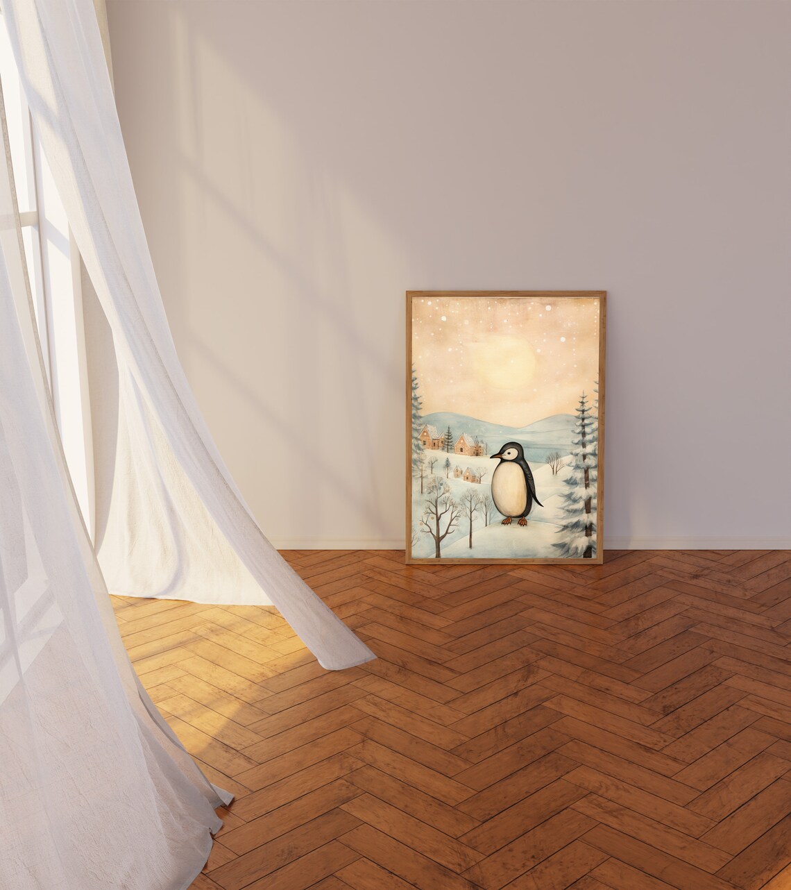 Cute Penguin in Snowy Village Moonlit Winter Watercolor Poster - Image 3