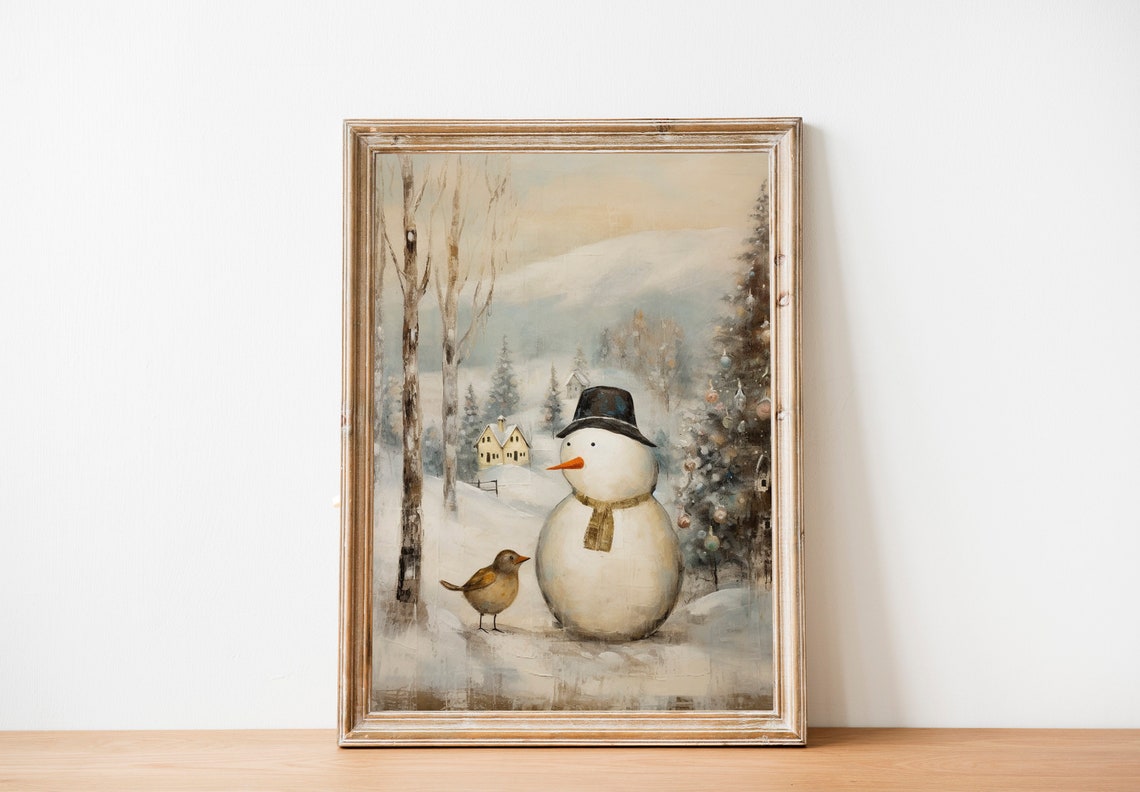 Cute Snowman with Bird in Snowy Christmas Village Art Poster - Image 2