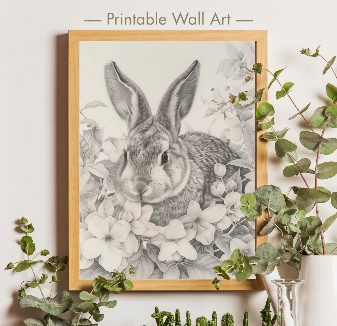 Grayscale Rabbit Among Sketched Blooms Baby Nursery Wall Art
