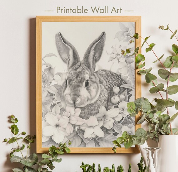 Grayscale Rabbit Among Sketched Blooms Baby Nursery Wall Art