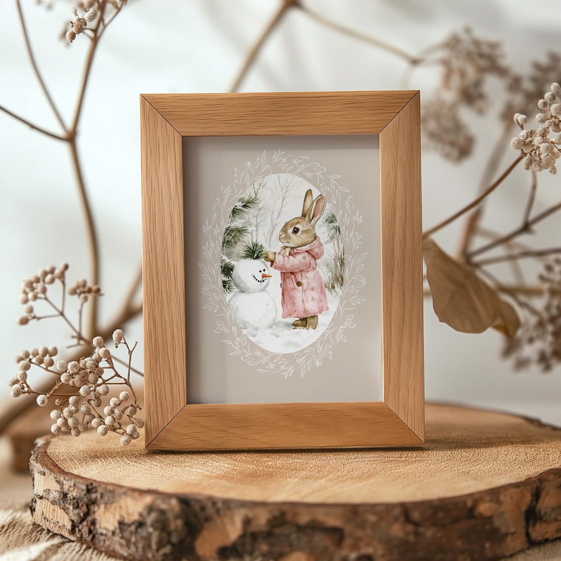 Bunny Placing a Pine Sprig on a Snowman in Snowy Woods Poster - Image 6
