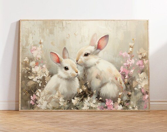 Two White Bunnies Among Pink Blossoms Spring Nursery Wall Art