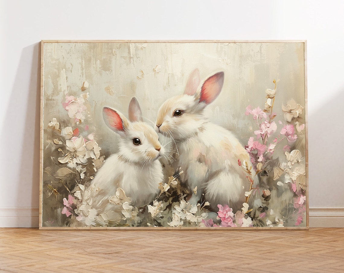 Two White Bunnies Among Pink Blossoms Spring Nursery Wall Art