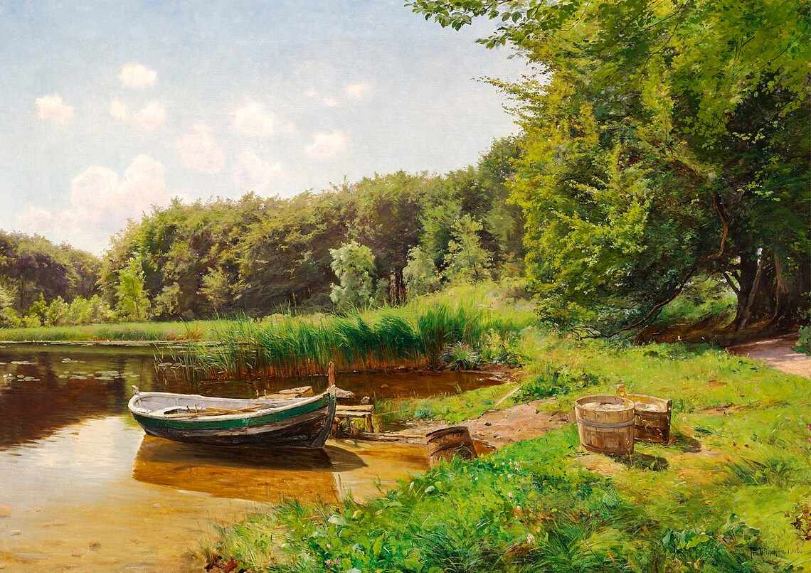 Rowboat On Summer Lake Lush Green Shore Vintage Painting Poster - Image 6