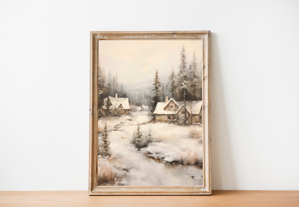 White Christmas Painting Winter Wonderland Art Print Winter Landscape Christmas Print Vintage Winter Village Painting - Image 2