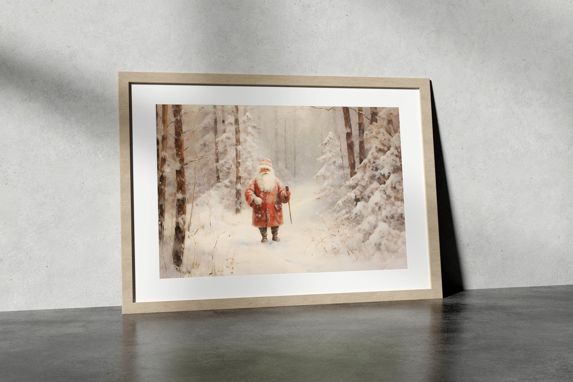 Traditional Santa Claus Walking Through Snowy Pine Forest Poster - Image 4