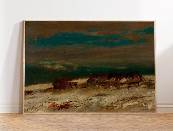 Mountain Landscape Painting Antique Muted Wall Art Rustic Farmhouse Wall Art Vintage Oil Painting Cabin Decor