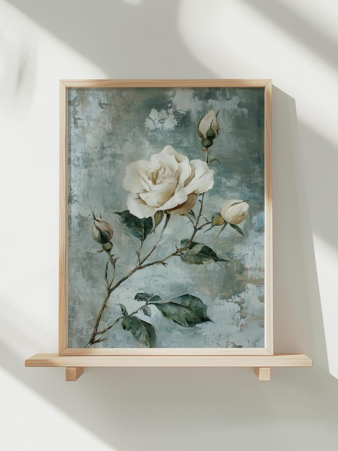 White Rose Bloom Vintage Teal Gray Romantic Floral Home Decor Poster