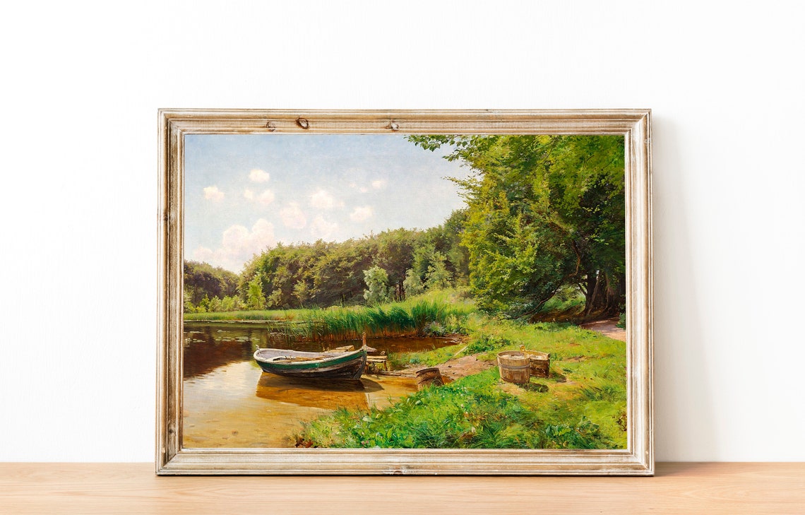 Rowboat On Summer Lake Lush Green Shore Vintage Painting Poster - Image 3