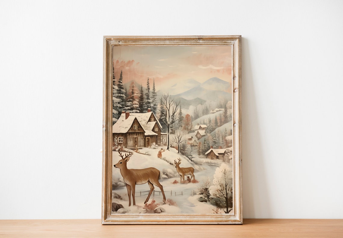 Deer in Snowy Mountain Village with Cozy Cabins Winter Poster - Image 2