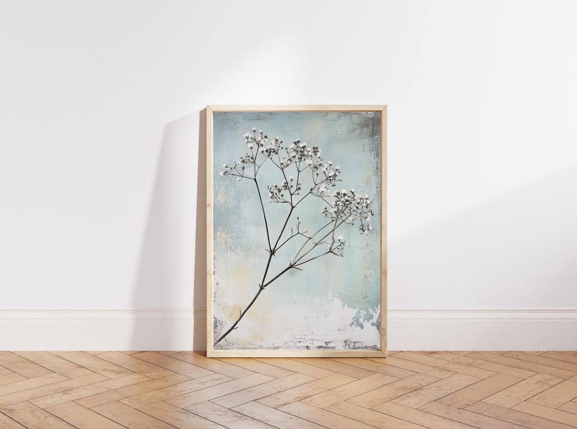 White Babys Breath Sprig Distressed Blue Minimalist Art Poster - Image 3
