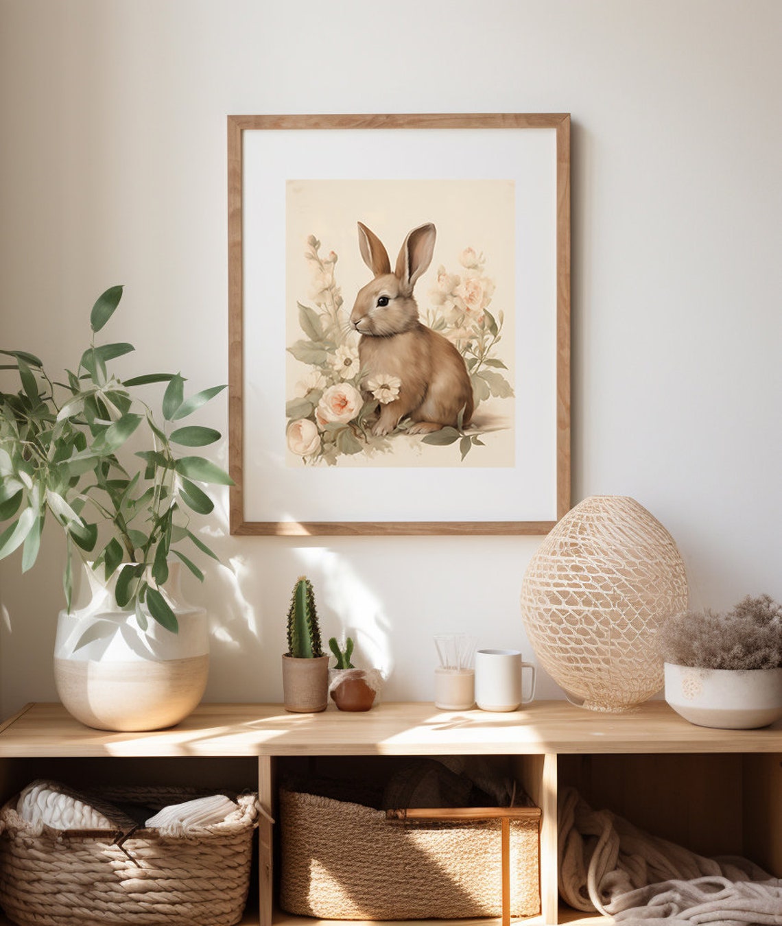 Tan Rabbit Portrait Among Roses Vintage Spring Nursery Wall Art - Image 4