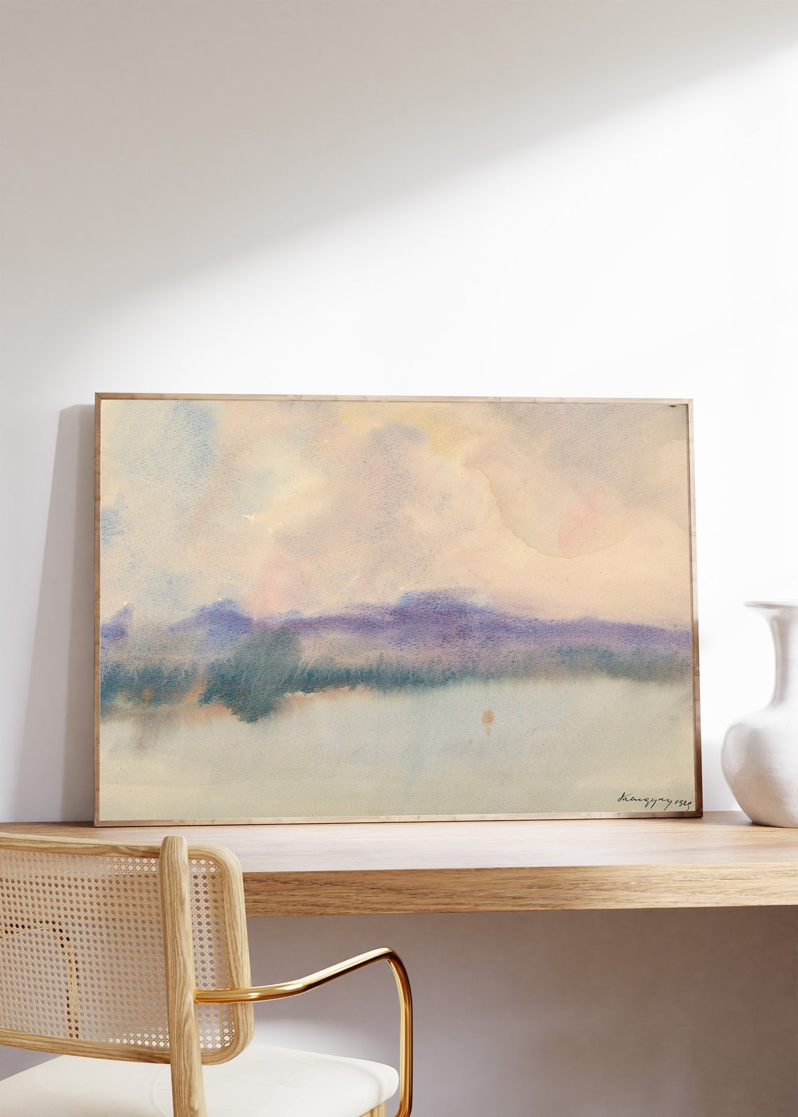 Misty Lake Watercolor Landscape Minimalist Purple Mountains Art Poster - Image 8