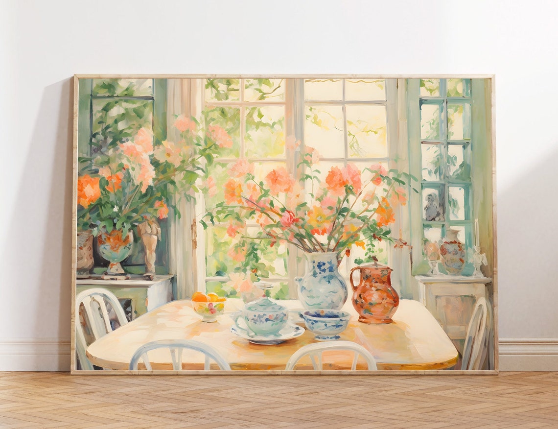 Sunlit Dining Room with Flowers and Teapot Impressionist Wall Art