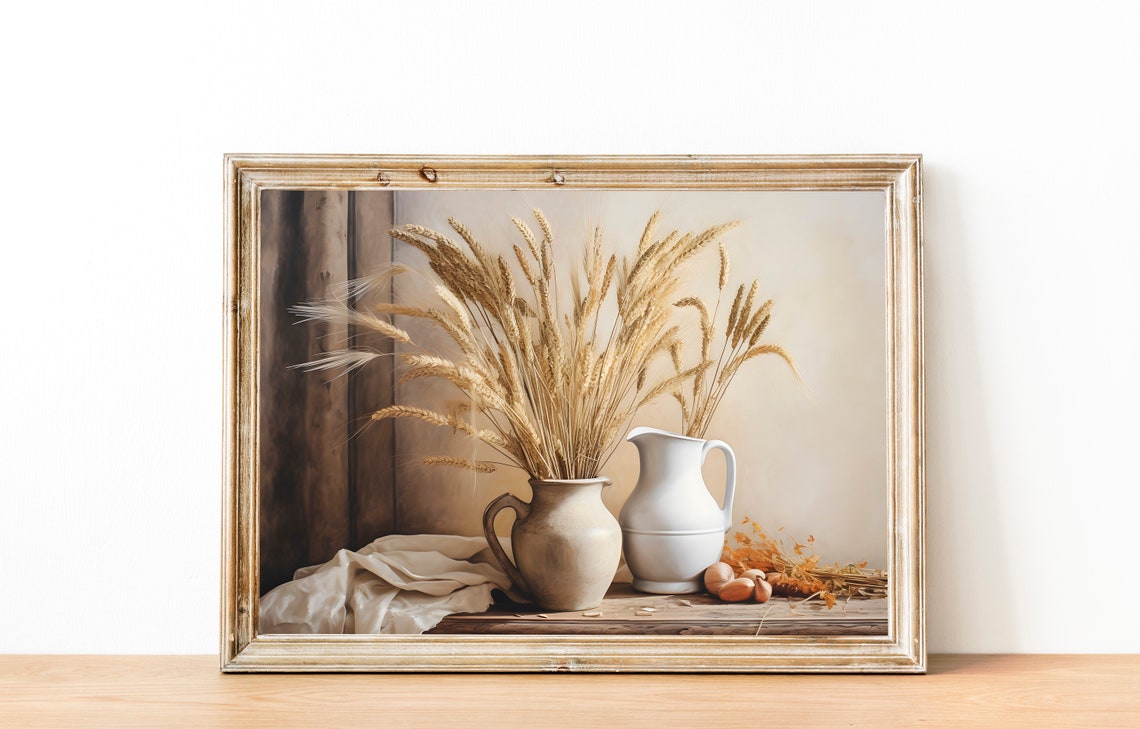 Wheat Sheaves in an Earthenware Jug Rustic Harvest Table Wall Art - Image 2