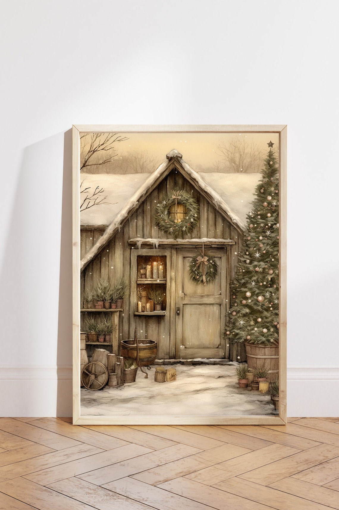 Rustic Christmas Shed with Wreaths Candles and Decorated Tree Poster - Image 5