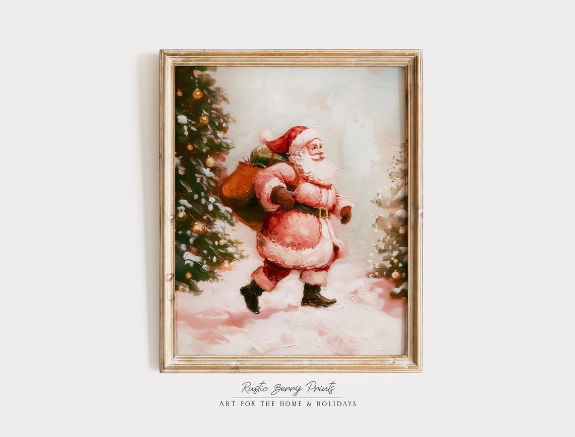 Santa Claus Walking Snow Gift Sack Decorated Tree Pink Vintage Poster