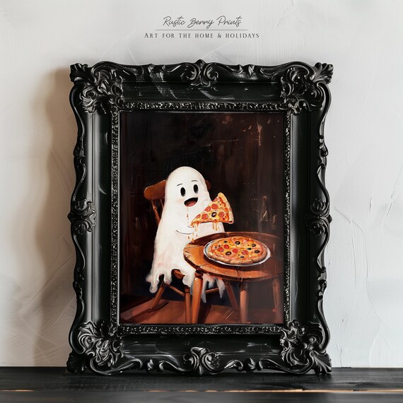 Happy Ghost Eating Pepperoni Pizza Funny Halloween Art Poster
