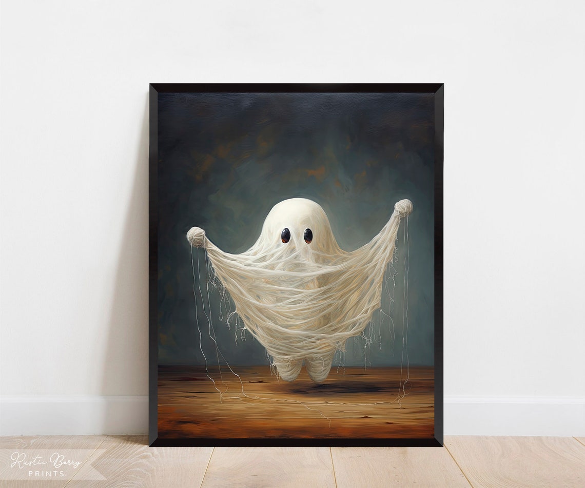 Stringy Ghost Art Print Oil Painting Wall Art Cute Ghost Spooky Halloween Decor Vintage