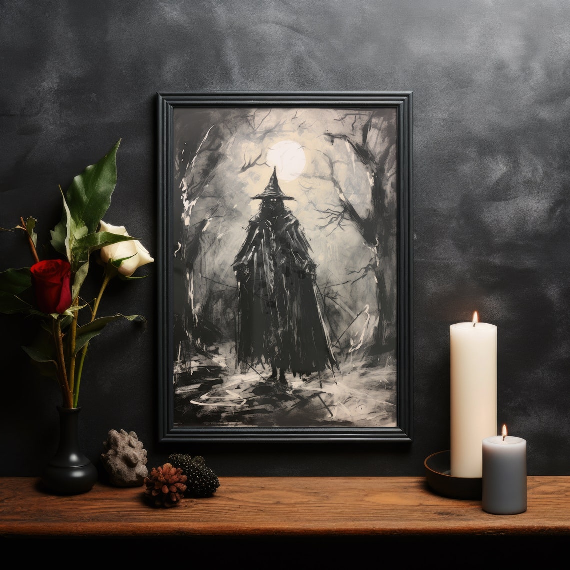 Dark Wanderer Under Full Moon Twisted Night Trees Gothic Wall Art - Image 2