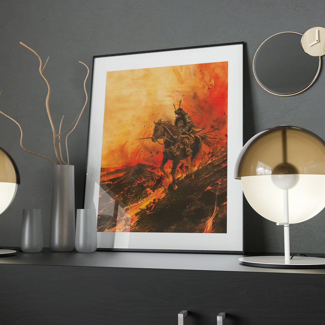 Samurai Warrior Horseback Fire Painting Orange Lava Art Poster - Image 4