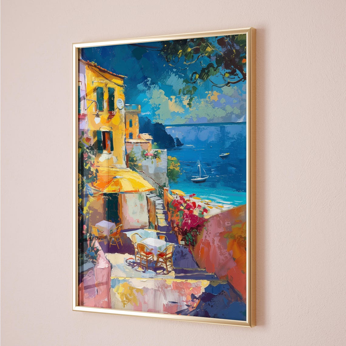 Mediterranean Seaside Village Gouache Coastal Cafe Painting Print - Image 3