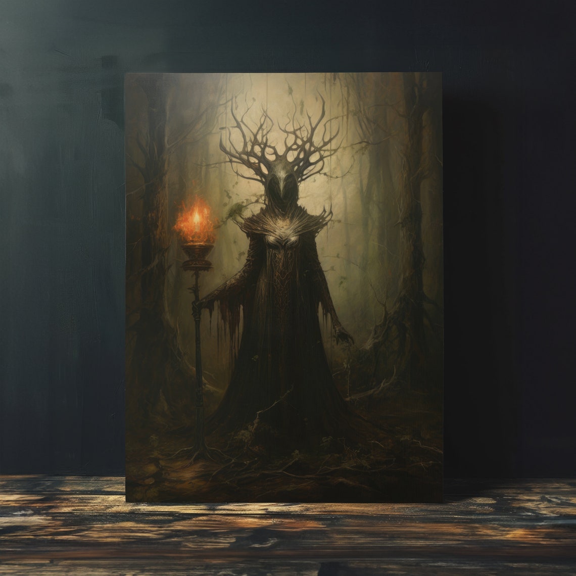 Antlered Forest Spirit With Flaming Torch Dark Fantasy Wall Art - Image 3