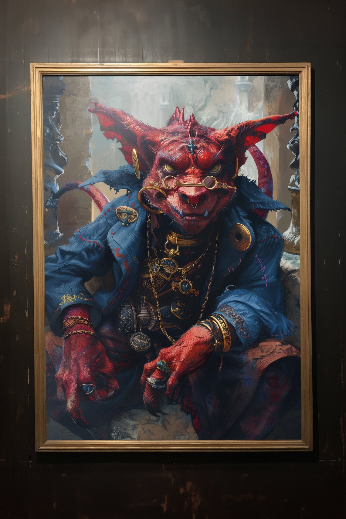 Red Goblin Portrait Blue Coat Gold Spectacles Fantasy Art Poster - Image 2