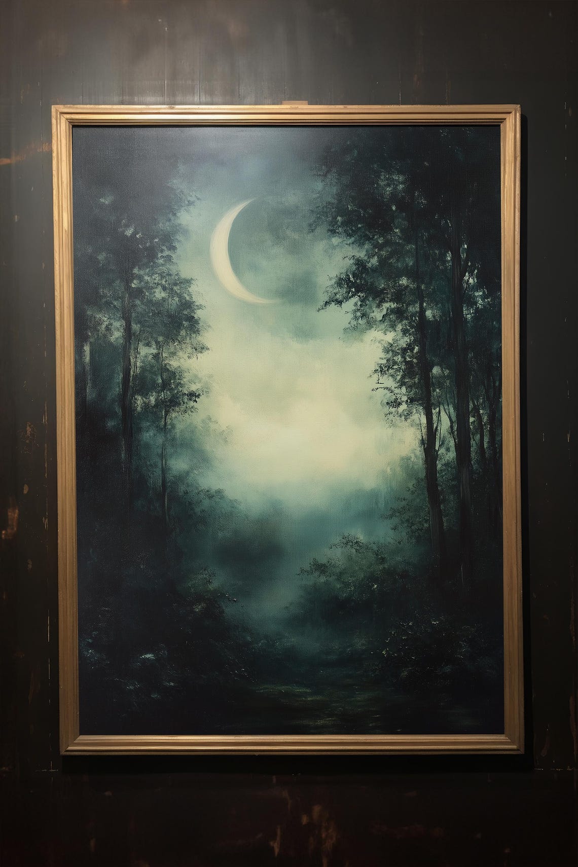 Large Crescent Moon Rising Over Foggy Forest Night Painting Poster - Image 3