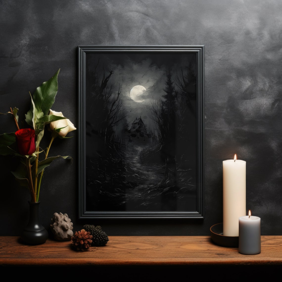 Moonlit Forest Path to Lonely House Dark Night Landscape Wall Art - Image 3