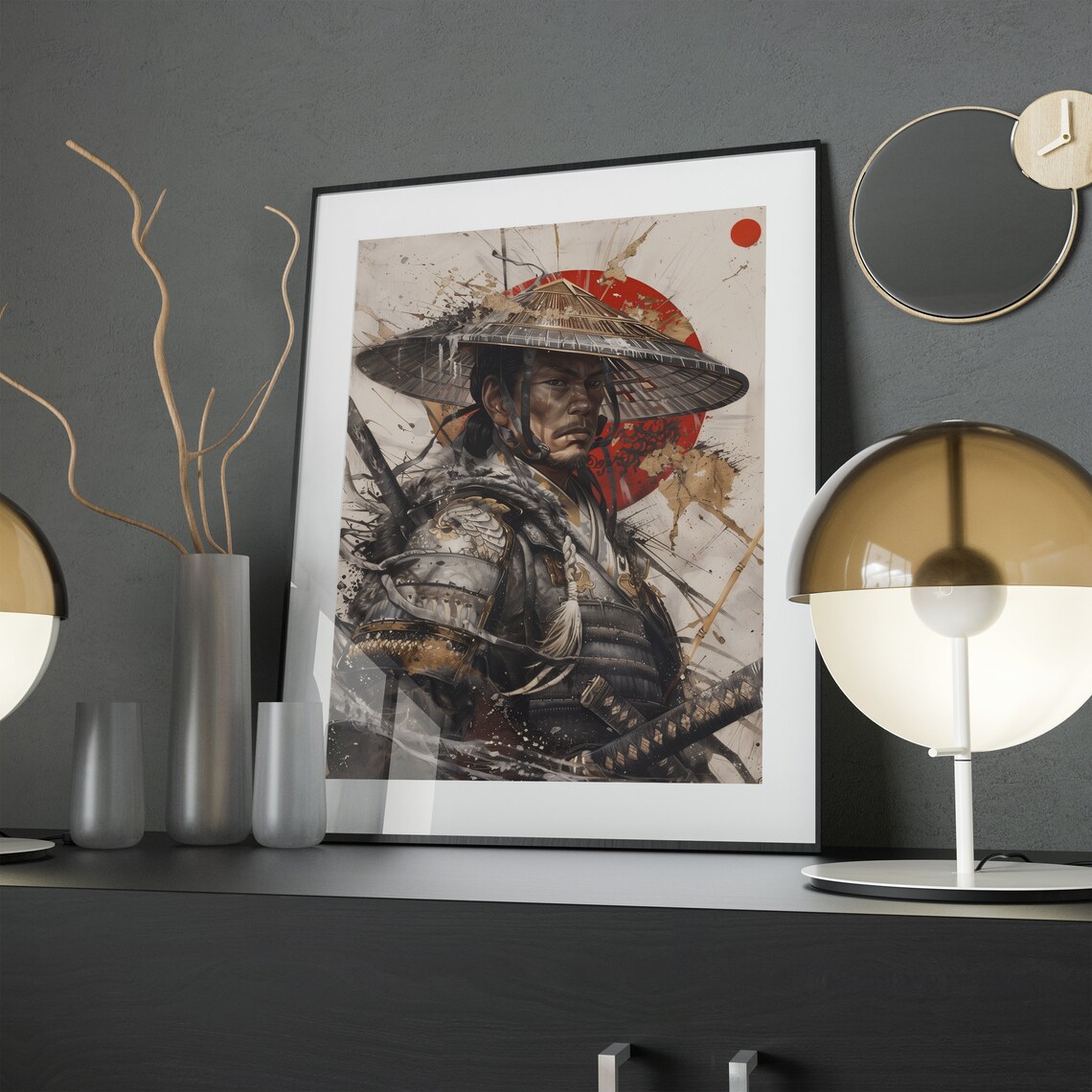 Samurai Portrait Art Straw Hat Red Sun Armor Warrior Painting Poster - Image 3